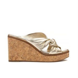 Jimmy Choo Narisa 90 Wedge Sandals Womens 37 7 Gold Leather Cork Platform Metal